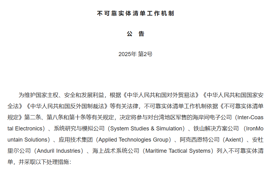 我國(guó)將7家美國(guó)實(shí)體列入不可靠實(shí)體清單