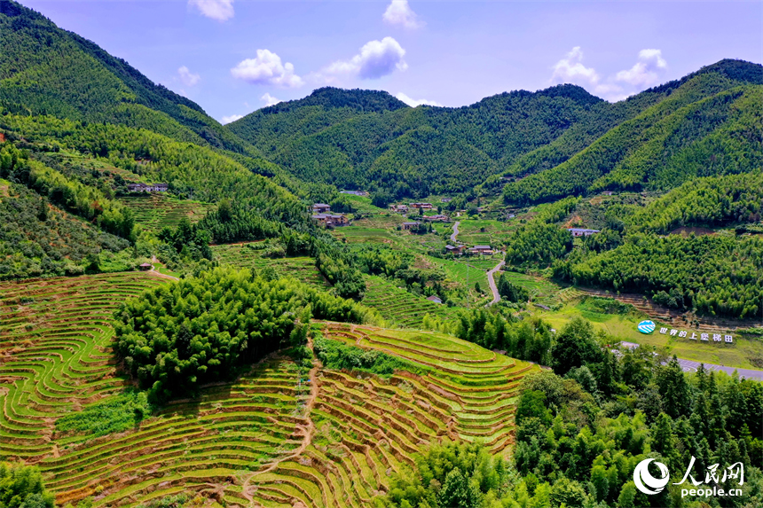 赣州市崇义县上堡乡，层层叠叠的梯田沿山势绵亘蜿蜒，与错落有致的农房、民宿相互映衬。人民网 朱海鹏摄