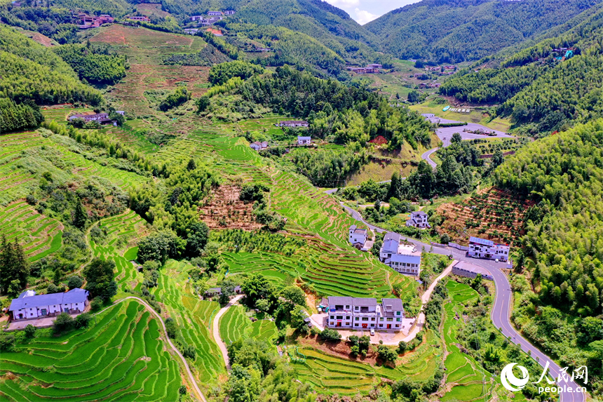 赣州市崇义县上堡乡，层层叠叠的梯田沿山势绵亘蜿蜒，与错落有致的农房、民宿相互映衬。人民网 朱海鹏摄