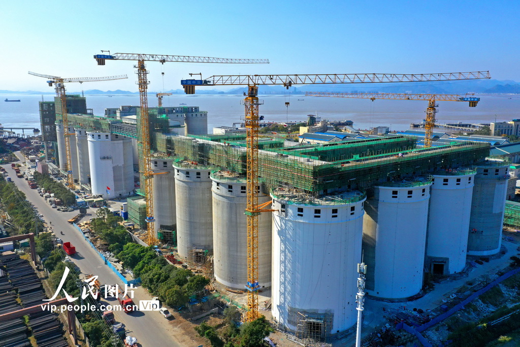 2025年12月6日拍摄的位于浙江省玉环市大麦屿码头的中央储备粮玉环直属库有限公司仓储项目施工现场。