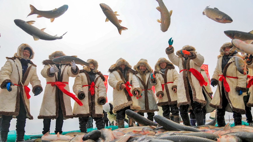 新疆博湖：博斯腾湖冬捕 人欢鱼跃